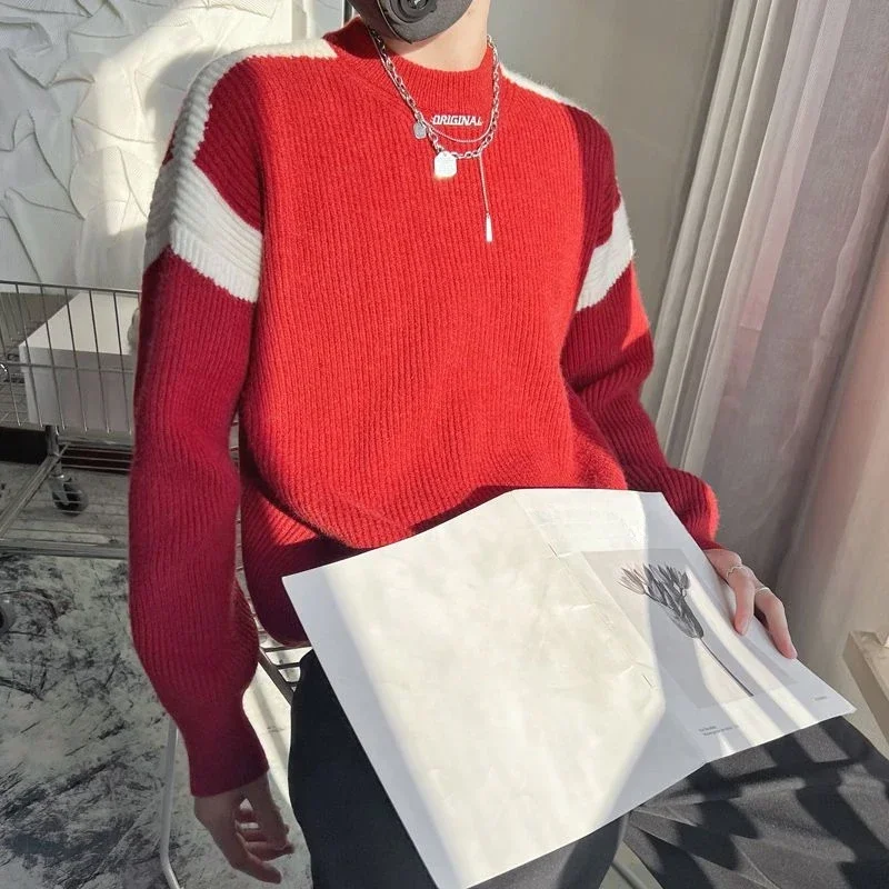 Knitted Sweaters for Men Round Collar Crewneck Man Clothes Jacket Pullovers Coat Red Patchwork Mode Korean Autumn Over Fit Knit
Knitted Sweaters for Men Round Collar Crewneck Man Clothes Jacket Pullovers Coat Red Patchwork Mode Korean Autumn Over Fit Knit