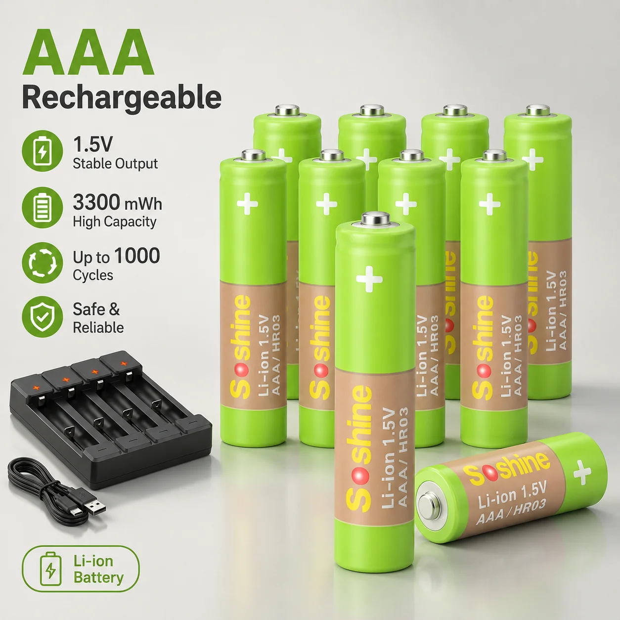 1.5V Lithium Rechargeable Battery Combo AA 3300mWh AAA 1100mWh Li-ion Replacement Battery Set
1.5V Lithium Rechargeable Battery Combo AA 3300mWh AAA 1100mWh Li-ion Replacement Battery Set