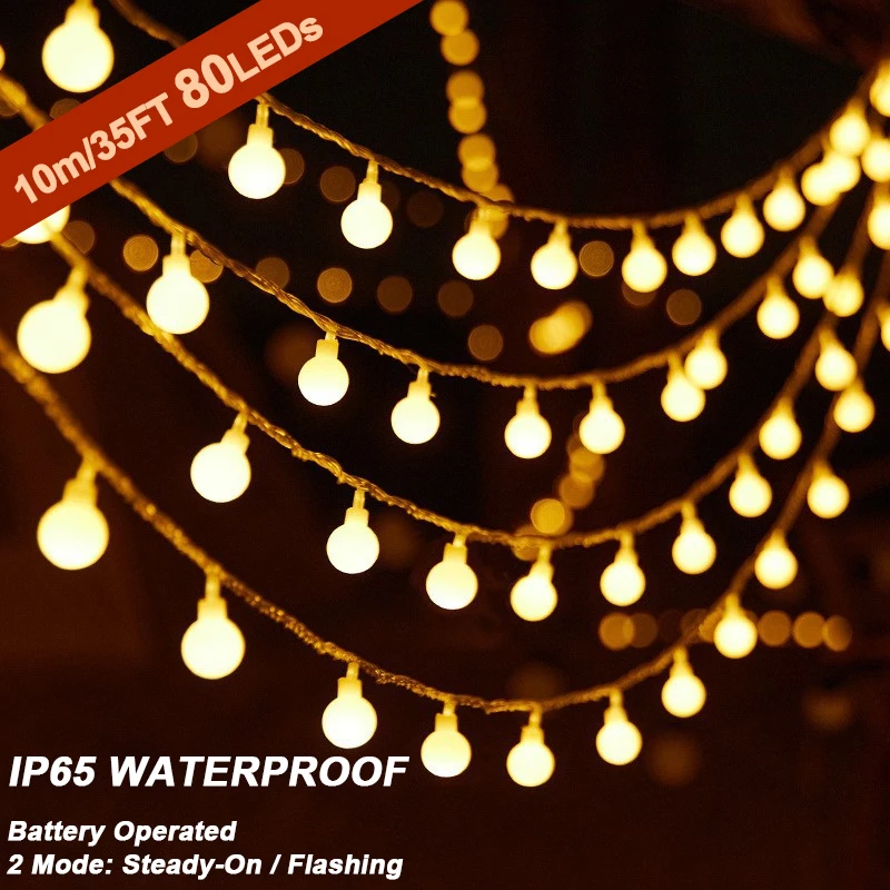 Globe String Lights Battery Operated, 35FT/10m 80 LEDs Fairy String Lights with 2 Modes for Home Party Patio Garden Wedding
Globe String Lights Battery Operated, 35FT/10m 80 LEDs Fairy String Lights with 2 Modes for Home Party Patio Garden Wedding
