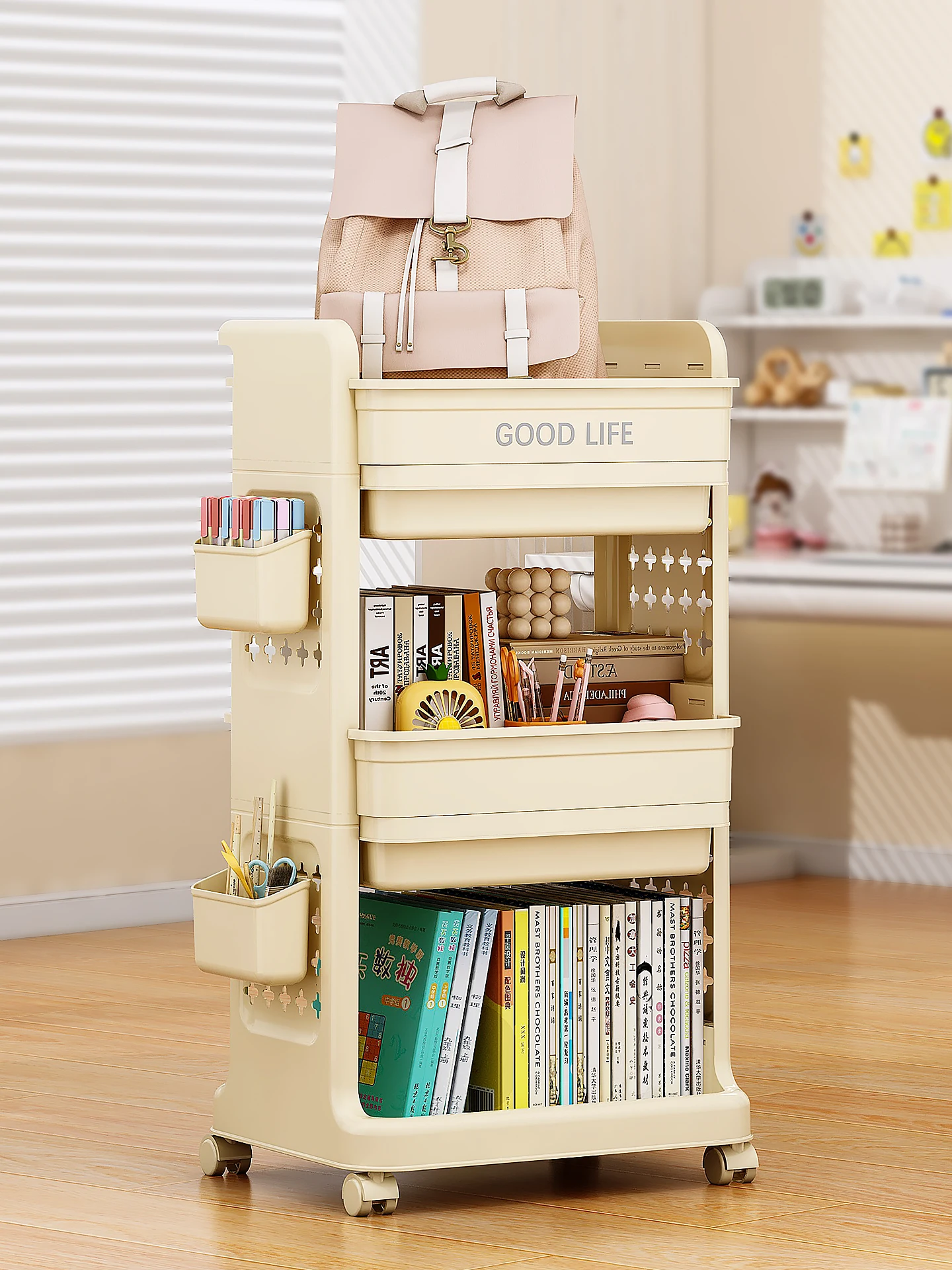 Mobile Multi-Layer Book Storage Rack Backpack Bookshelf with Wheels for Home And Student Use Side Table Book Stand Organizer