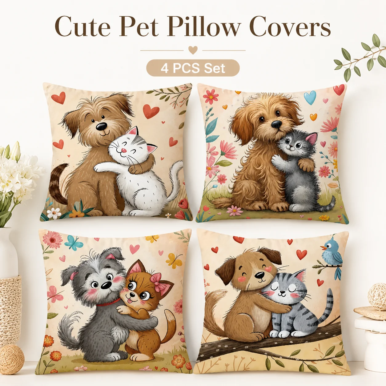 Sweet Dog Cat Pillowcase 4PCS Set 2D Flat Printed Peach Skin Cute Pet Hug Cushion Cover Family Living Room Sofa Home Decor Gift
Sweet Dog Cat Pillowcase 4PCS Set 2D Flat Printed Peach Skin Cute Pet Hug Cushion Cover Family Living Room Sofa Home Decor Gift