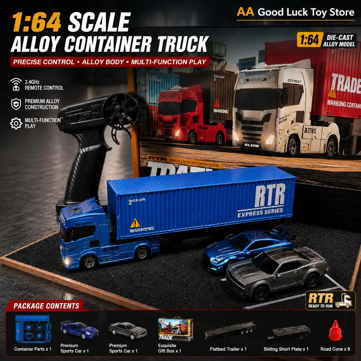 1:64 RC Trailer Truck Combo Set with Container + Flatbed DIY, Includes 2 Mini Cars, Fun Gift for Kids Adults, Full Play RC Toy
1:64 RC Trailer Truck Combo Set with Container + Flatbed DIY, Includes 2 Mini Cars, Fun Gift for Kids Adults, Full Play RC Toy