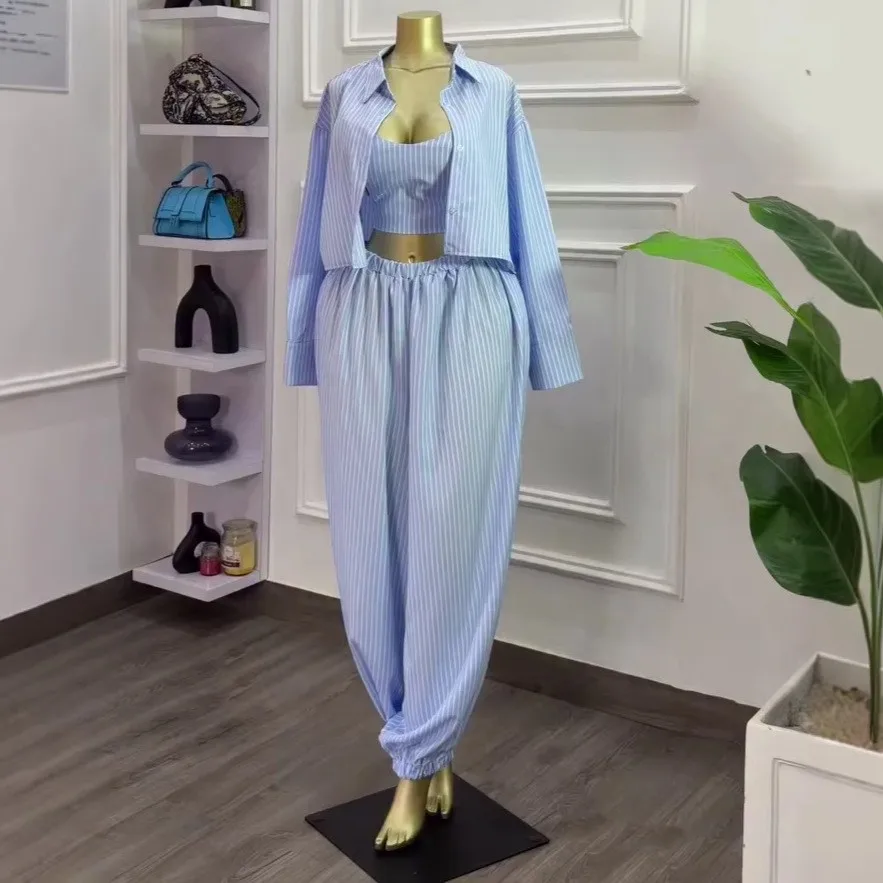 Summer Suit Blouse 2 Piece Set Striped Pattern Cropped Blouses Light Blue Wide Leg Pants Shirt Turn Collar Elastic Waist Button
Summer Suit Blouse 2 Piece Set Striped Pattern Cropped Blouses Light Blue Wide Leg Pants Shirt Turn Collar Elastic Waist Button