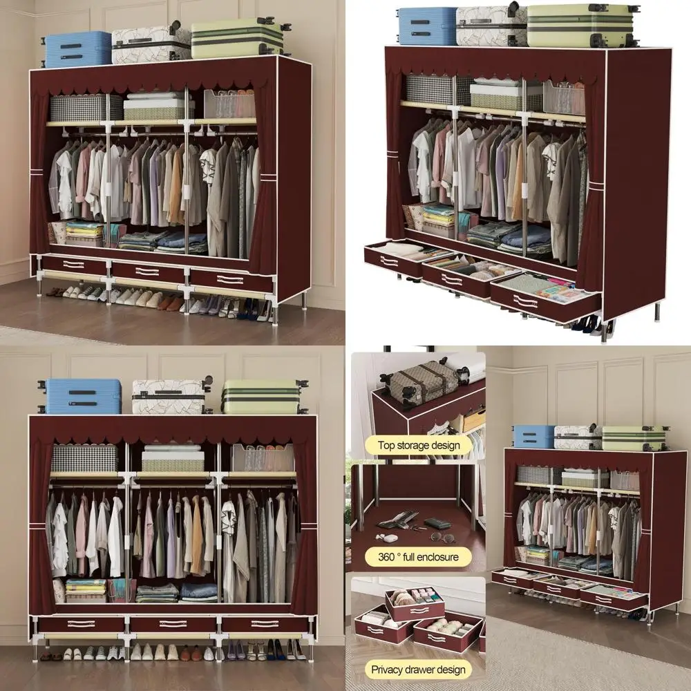 Portable Wardrobe, Metal Frame with Cardinal Fleece Cover, 3 Hanging Poles, 3 Drawers, 3 Lockers, Portable Closet with Drawer, C
Portable Wardrobe, Metal Frame with Cardinal Fleece Cover, 3 Hanging Poles, 3 Drawers, 3 Lockers, Portable Closet with Drawer, C