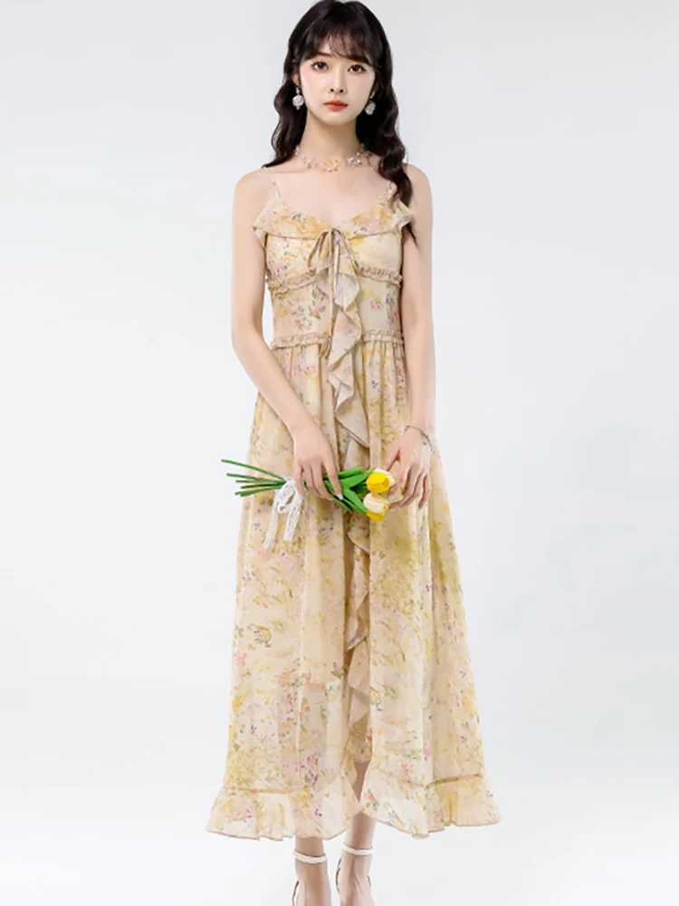 Women Floral Chiffon Chic Ruffled Sling Sexy Long Dress Summer Beach Style Casual Holiday Dress 2025 Korean Bodycon Party Dress
Women Floral Chiffon Chic Ruffled Sling Sexy Long Dress Summer Beach Style Casual Holiday Dress 2025 Korean Bodycon Party Dress