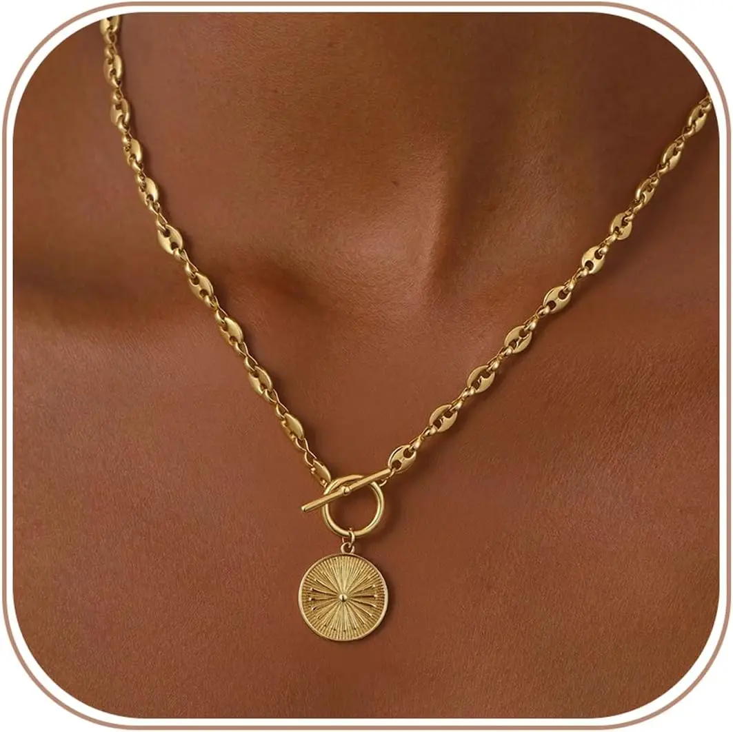 Gold Circle Pendant Choker with Heart Chain Toggle Clasp, Dainty Silver Plated Necklaces for Women
Gold Circle Pendant Choker with Heart Chain Toggle Clasp, Dainty Silver Plated Necklaces for Women
