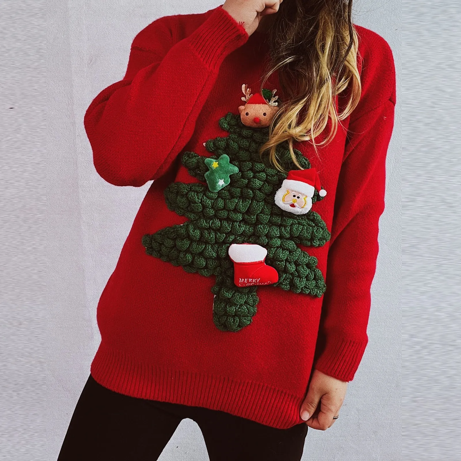 Ladies 3D Flocked Christmas Tree Solid Color Loose Sweater Autumn And Winter New Round Neck Long Sleeve Casual Pullover Sweater
Ladies 3D Flocked Christmas Tree Solid Color Loose Sweater Autumn And Winter New Round Neck Long Sleeve Casual Pullover Sweater