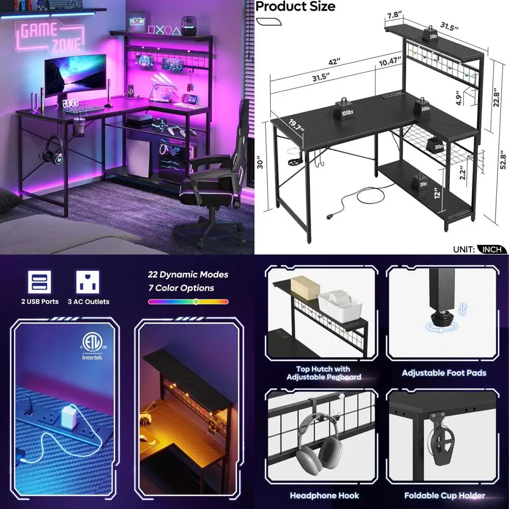 42 Inch Gaming Desk with Power Outlets, LED Lights, Reversible Corner Design, 4-Tier Shelves, Cup Holder
42 Inch Gaming Desk with Power Outlets, LED Lights, Reversible Corner Design, 4-Tier Shelves, Cup Holder