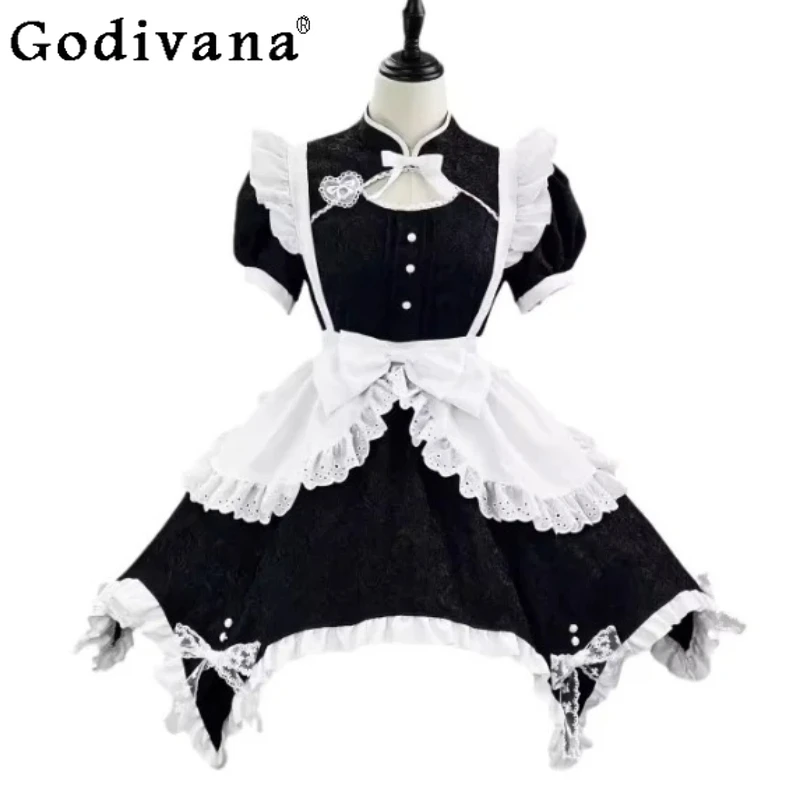 Spring Summer New Chinese Black White Cos Maid Lolita Short Sleeve Cheongsam High Waist A-line Irregular Sweet Bow Girl Dress
Spring Summer New Chinese Black White Cos Maid Lolita Short Sleeve Cheongsam High Waist A-line Irregular Sweet Bow Girl Dress