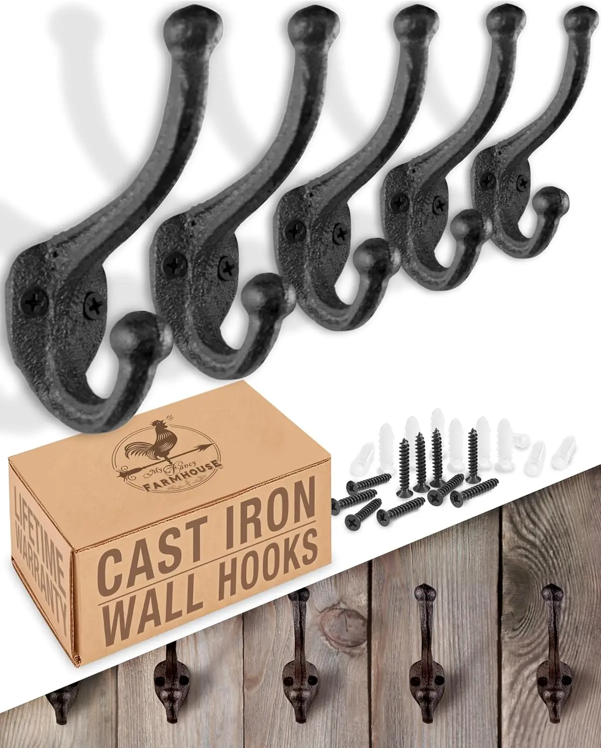 Cast Iron Coat Hooks (5 Pack) Wall Mounted Farmhouse Hooks for Hanging Coats, Bags, Hats, Towels, Antique Black with Hardware
Cast Iron Coat Hooks (5 Pack) Wall Mounted Farmhouse Hooks for Hanging Coats, Bags, Hats, Towels, Antique Black with Hardware