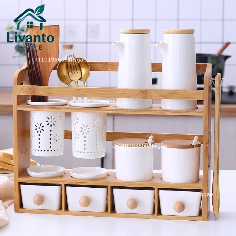 Ceramic seasoning box set oil pot chopstick holder double layer design creative kitchen storage home organizer
Ceramic seasoning box set oil pot chopstick holder double layer design creative kitchen storage home organizer