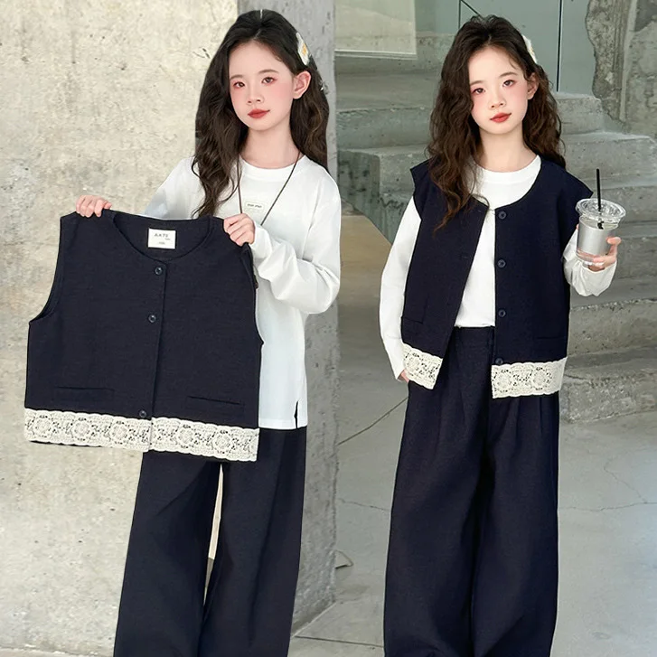 2025 Autumn Kids Girls Sets Round Neck T-shirt+Single-breasted Patchwork Vest+Solid Elastic Waist Pant Children Girls 3pcs Sets
2025 Autumn Kids Girls Sets Round Neck T-shirt+Single-breasted Patchwork Vest+Solid Elastic Waist Pant Children Girls 3pcs Sets