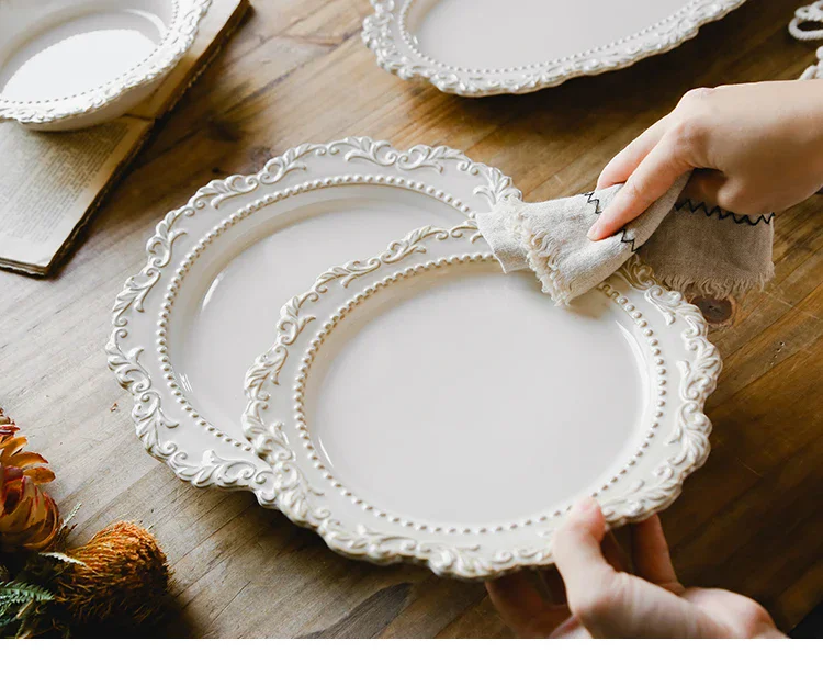 French Baroque Vintage Relief Dinner Plate Nordic Vintage Solid Color Carving Craft Dishes and Plates Sets Household Kitchenware
French Baroque Vintage Relief Dinner Plate Nordic Vintage Solid Color Carving Craft Dishes and Plates Sets Household Kitchenware