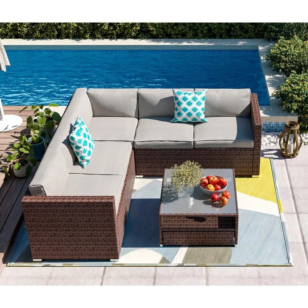 6-Piece Outdoor Patio Furniture Set, Brown Modular Ratten Sectional Sofa, Wicker Furniture Conversation Set w/Gray
6-Piece Outdoor Patio Furniture Set, Brown Modular Ratten Sectional Sofa, Wicker Furniture Conversation Set w/Gray