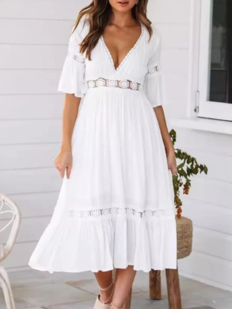 2025 New Summer White Long Dress Women Patchwork Dress Short Sleeve V-neck Loose Dress Fashion Casual Elegant Woman Dress
2025 New Summer White Long Dress Women Patchwork Dress Short Sleeve V-neck Loose Dress Fashion Casual Elegant Woman Dress