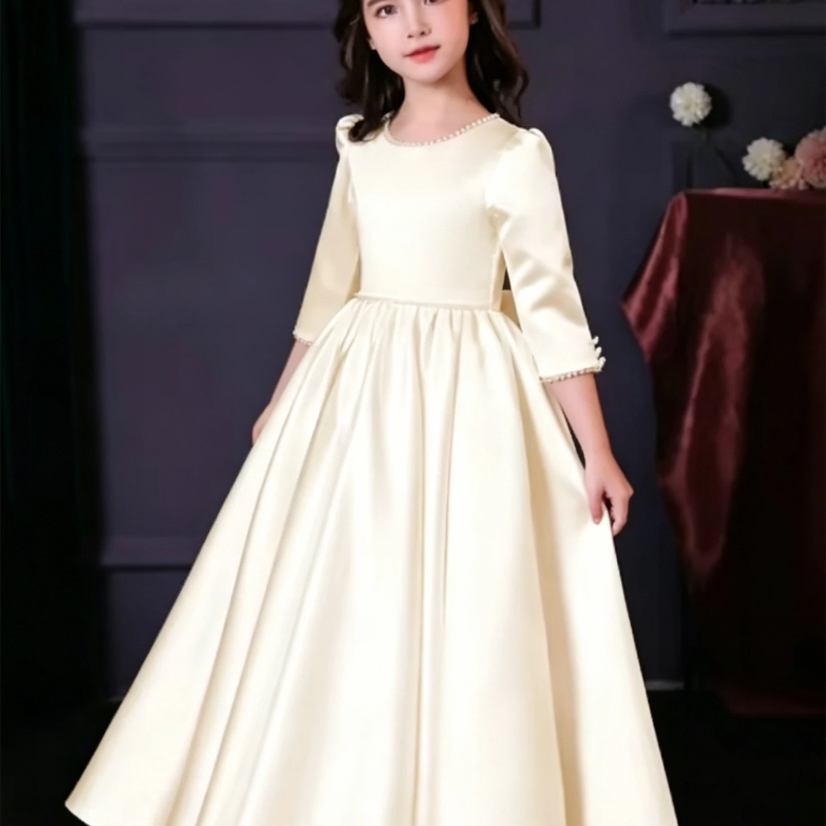 Customized Flower Girl Dress For Wedding Bow Satin Round Neck Floor Length Elegant Kids Birthday Party First Communion Gown
Customized Flower Girl Dress For Wedding Bow Satin Round Neck Floor Length Elegant Kids Birthday Party First Communion Gown