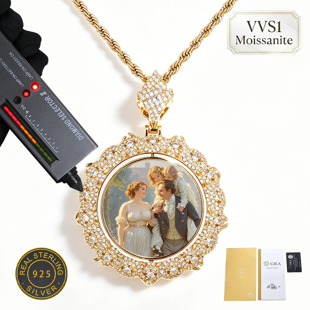 HHIOK S925 Sterling Silver Moissanite Custom Photo Medallion Double Sided Picture Pendant Pass Tester Thorn Personalized Jewelry
HHIOK S925 Sterling Silver Moissanite Custom Photo Medallion Double Sided Picture Pendant Pass Tester Thorn Personalized Jewelry