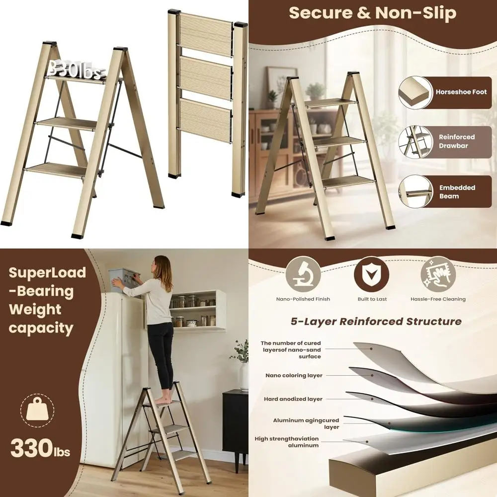 3-ступенчатая лестница, складной табурет-лестница, золотой, более широкие улучшенные нескользящие ступеньки, портативная легкая лестница для дома и кухни, Hol
3-ступенчатая лестница, складной табурет-лестница, золотой, более широкие улучшенные нескользящие ступеньки, портативная легкая лестница для дома и кухни, Hol