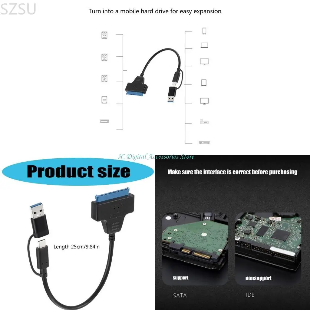 SZSU Type C и USB3.0 Двойная голова до кабеля SataAdapter USB3.0 до Satacable для подключения к жесткому дискому приводу 25
SZSU Type C и USB3.0 Двойная голова до кабеля SataAdapter USB3.0 до Satacable для подключения к жесткому дискому приводу 25