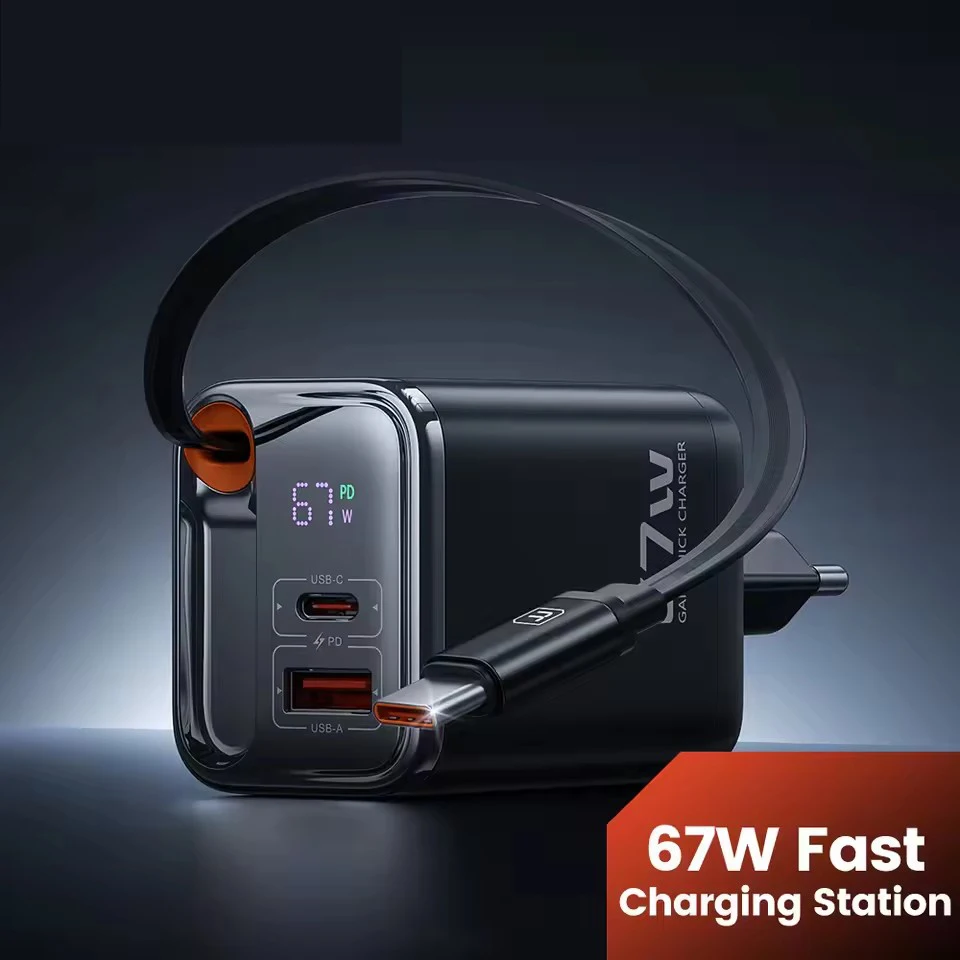 Toocki 67W GaN USB C Charger With Retractable Type C Cable Digital Dsiplay Fast Charger for iPhone 16 15 Samsung S23 S22 Laptop
Toocki 67W GaN USB C Charger With Retractable Type C Cable Digital Dsiplay Fast Charger for iPhone 16 15 Samsung S23 S22 Laptop