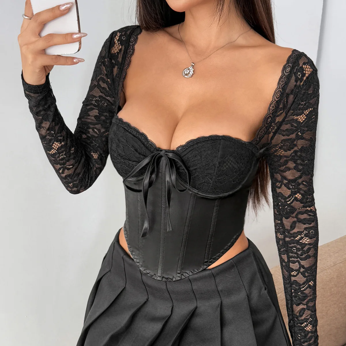 Кружевные укороченные топы с бантом, корсет, сексуальный жилет с рыбьей косточкой на шнурке, женский облегающий топ на бретелях с длинными рукавами, летние модные корсеты Rave Bustier
Кружевные укороченные топы с бантом, корсет, сексуальный жилет с рыбьей косточкой на шнурке, женский облегающий топ на бретелях с длинными рукавами, летние модные корсеты Rave Bustier