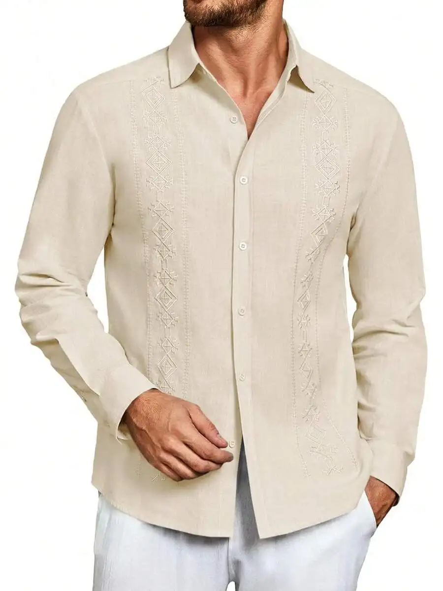 Mens Cotton Linen Guayabera Shirt With Geometric Embroidery Casual Long Sleeve Button Down
Mens Cotton Linen Guayabera Shirt With Geometric Embroidery Casual Long Sleeve Button Down