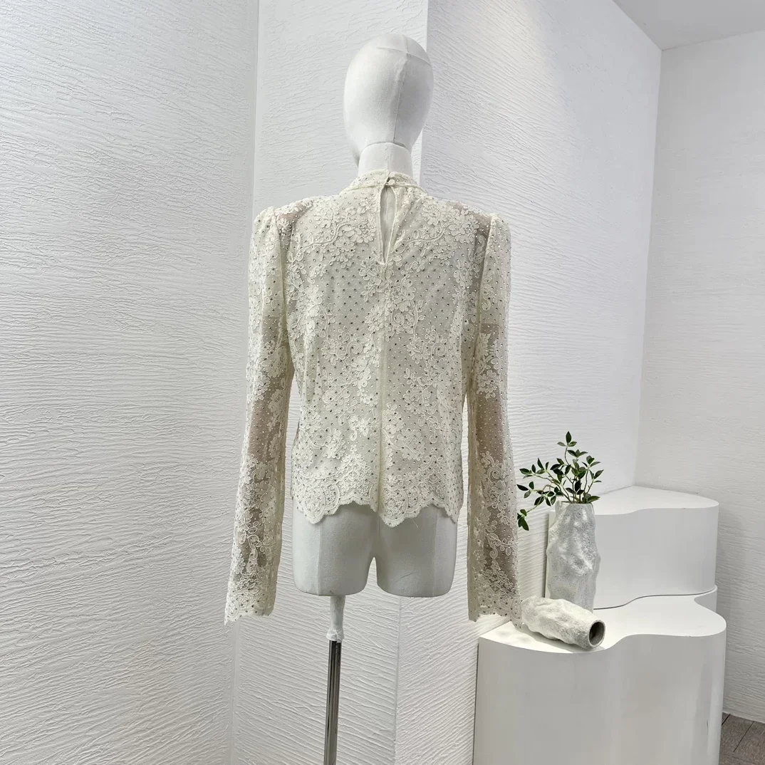 Tops Quality White Long Sleeve Lace Patchwork See Through Blouse Tops
Tops Quality White Long Sleeve Lace Patchwork See Through Blouse Tops