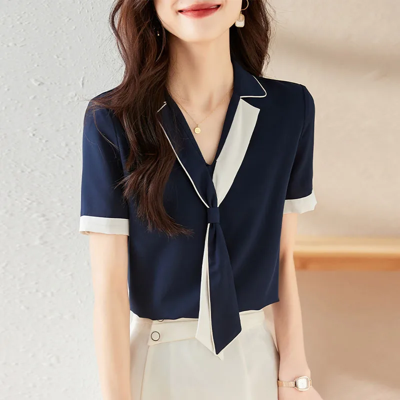 Women Blouse Shirt Fashion Summer Turn Down Collar Patchwork Lace-up Blouse Shirt Women Tops Short Sleeve Camisas De Mujer Q4309
Women Blouse Shirt Fashion Summer Turn Down Collar Patchwork Lace-up Blouse Shirt Women Tops Short Sleeve Camisas De Mujer Q4309