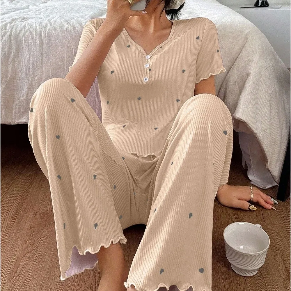 Fashion Short Sleeve Pajamas Set Heart Long Pants Nightwear Sets V-neck Striped 2Pieces Nightdress Home
Fashion Short Sleeve Pajamas Set Heart Long Pants Nightwear Sets V-neck Striped 2Pieces Nightdress Home