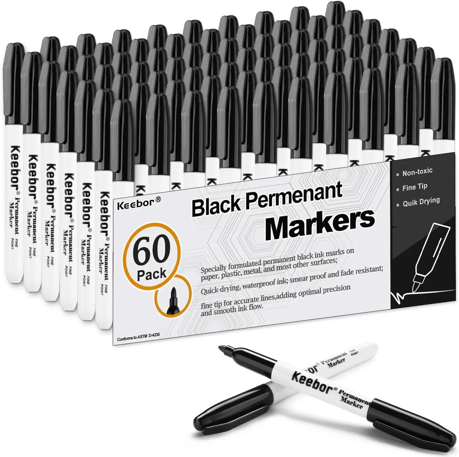 60 Pack Black Permanent Markers, Fine Point, Quick Drying, Fade Resistant for Wood, Plastic, Paper, Metal
60 Pack Black Permanent Markers, Fine Point, Quick Drying, Fade Resistant for Wood, Plastic, Paper, Metal