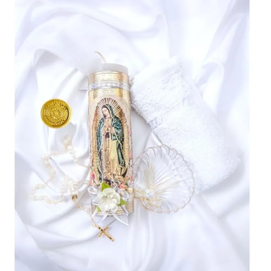 Baptism Candle Set Featuring Our Virgen de Guadalupe Candle Premium Golden Metallic Cover - Velas para bautizo Full kit - Catho
Baptism Candle Set Featuring Our Virgen de Guadalupe Candle Premium Golden Metallic Cover - Velas para bautizo Full kit - Catho