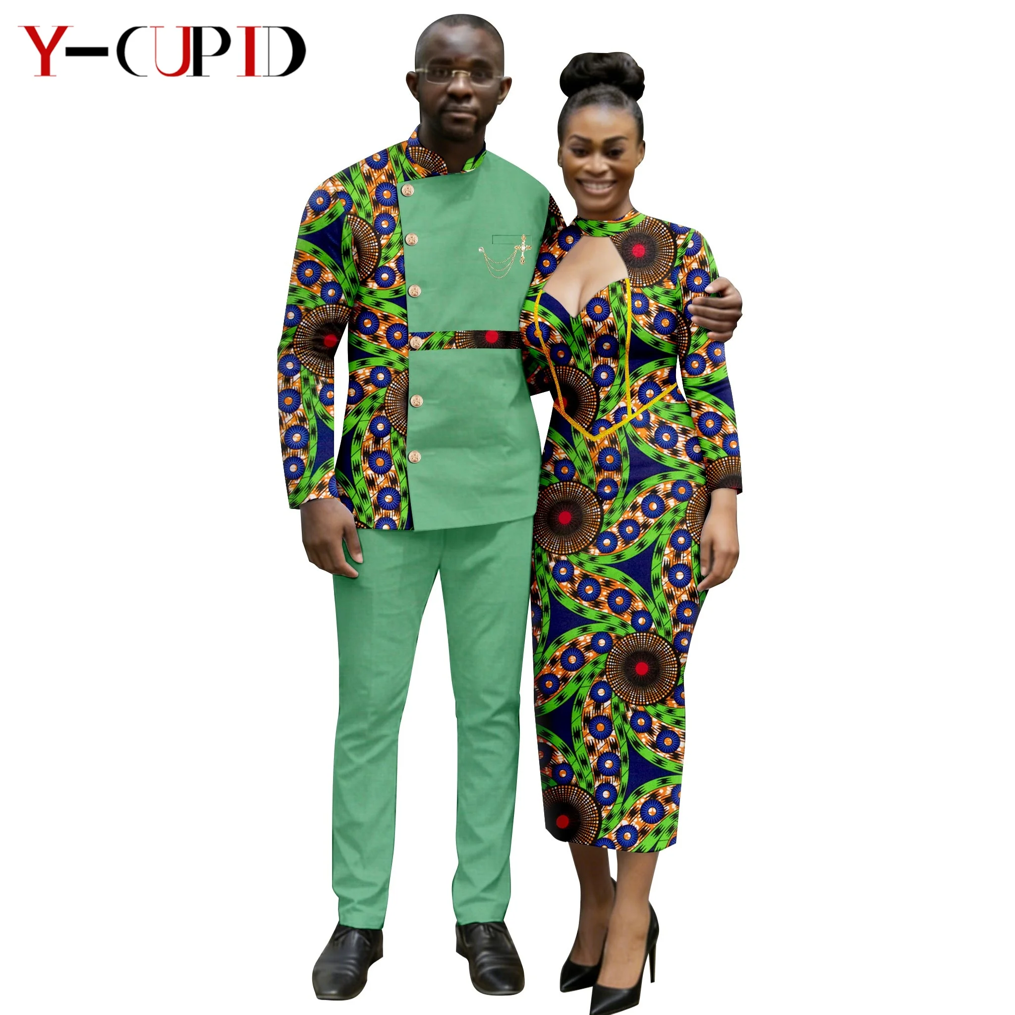 African Print Slim Long Dresses for Women Matching Men Outfit Dashiki Brooch Top Jackets and Pant Sets Couples Clothes 26C022
African Print Slim Long Dresses for Women Matching Men Outfit Dashiki Brooch Top Jackets and Pant Sets Couples Clothes 26C022