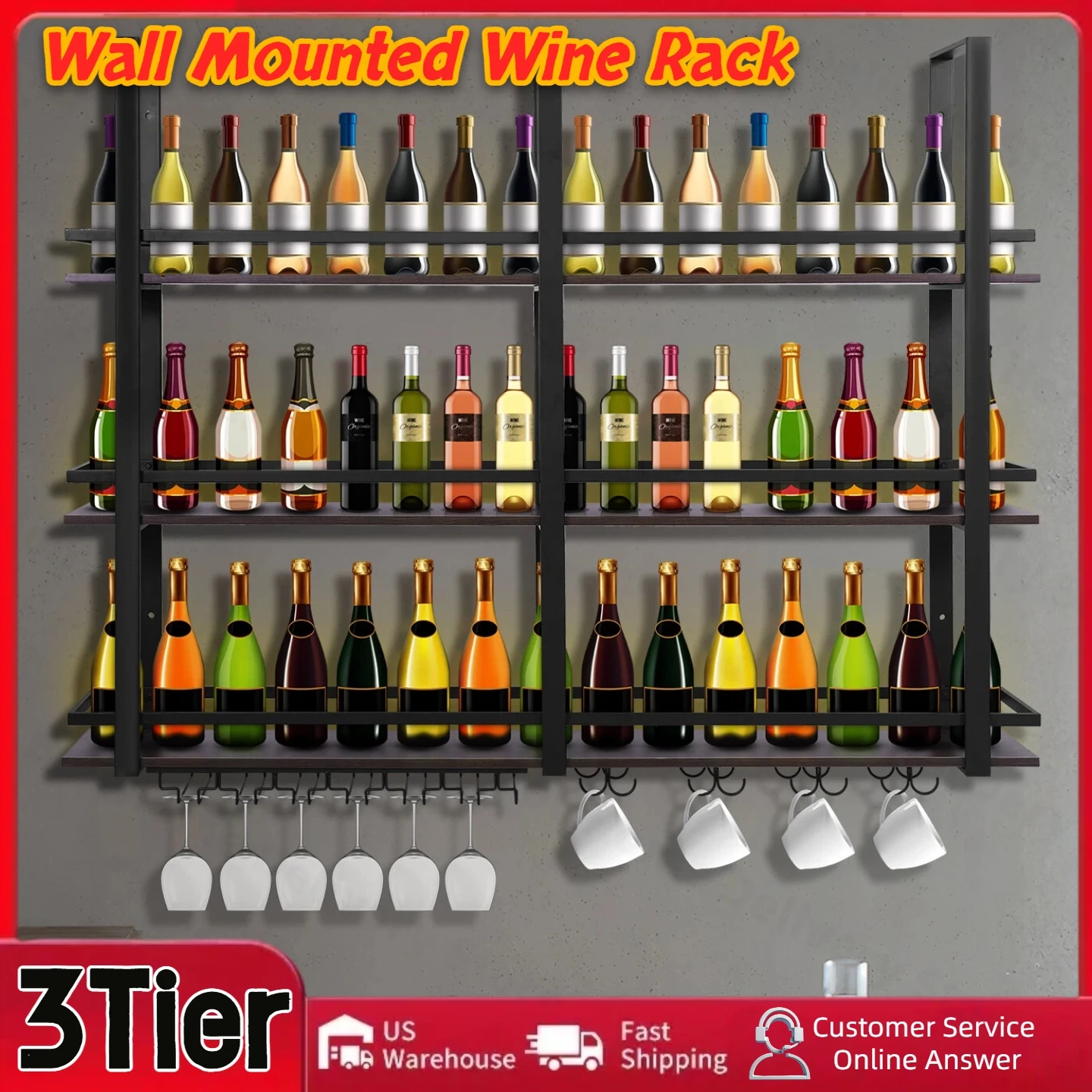 3Tier Wall Mounted Wine Rack Bottles Display Shelf with Glasses Holder Metal Bar Shelves Liquor Shelves for Home Bar Dining Room
3Tier Wall Mounted Wine Rack Bottles Display Shelf with Glasses Holder Metal Bar Shelves Liquor Shelves for Home Bar Dining Room