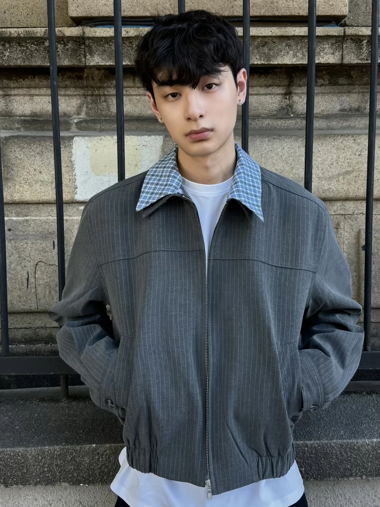 American Double Layer Collar Design Stripe ort Jaet Men Cleanfit High Sensation oulder Early Autumn Outerwear
American Double Layer Collar Design Stripe ort Jaet Men Cleanfit High Sensation oulder Early Autumn Outerwear