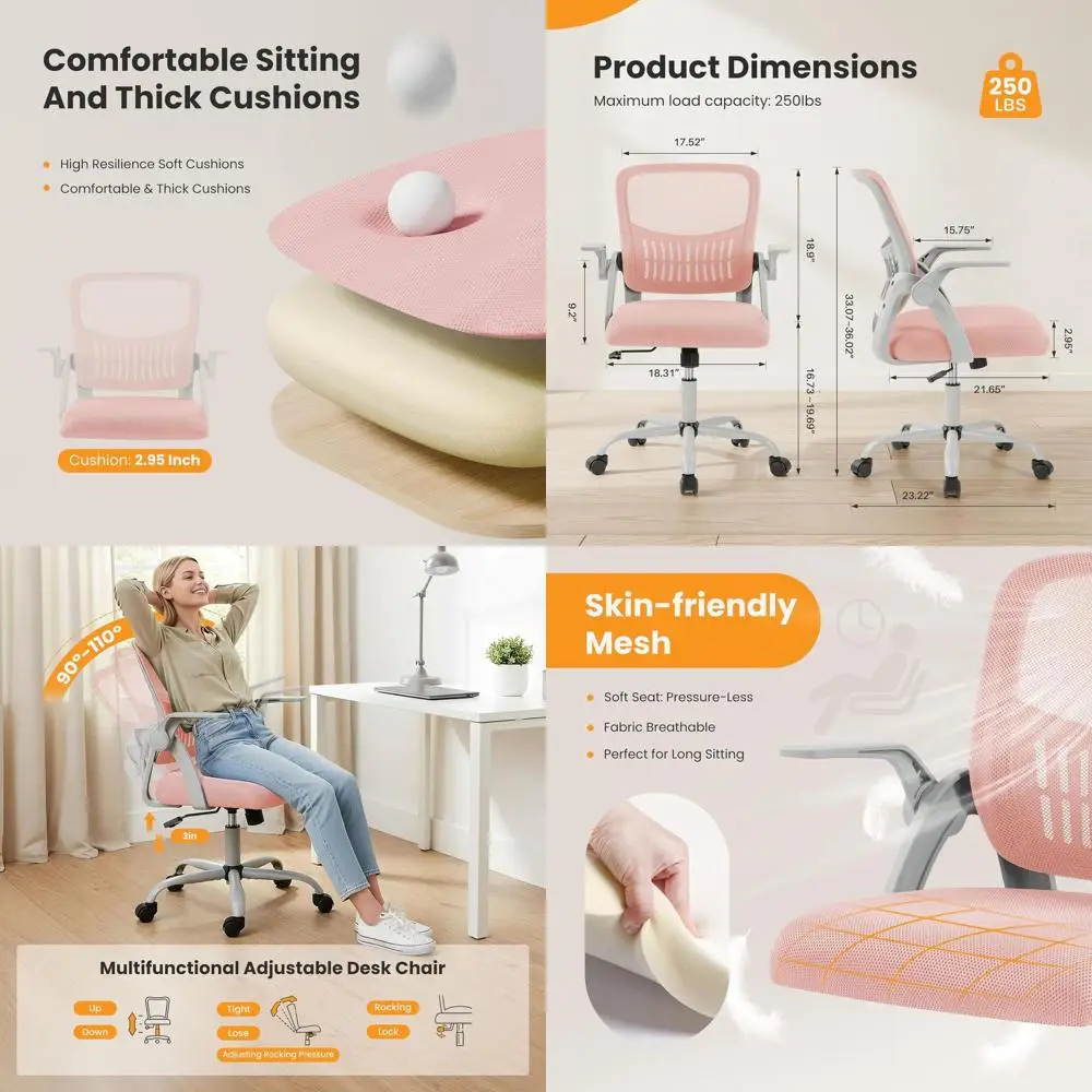 Ergonomic Swivel Desk Chair with Lumbar Support, Mesh Back, Flip-up Arms, Ideal for Home Office or Study in Pink
Ergonomic Swivel Desk Chair with Lumbar Support, Mesh Back, Flip-up Arms, Ideal for Home Office or Study in Pink