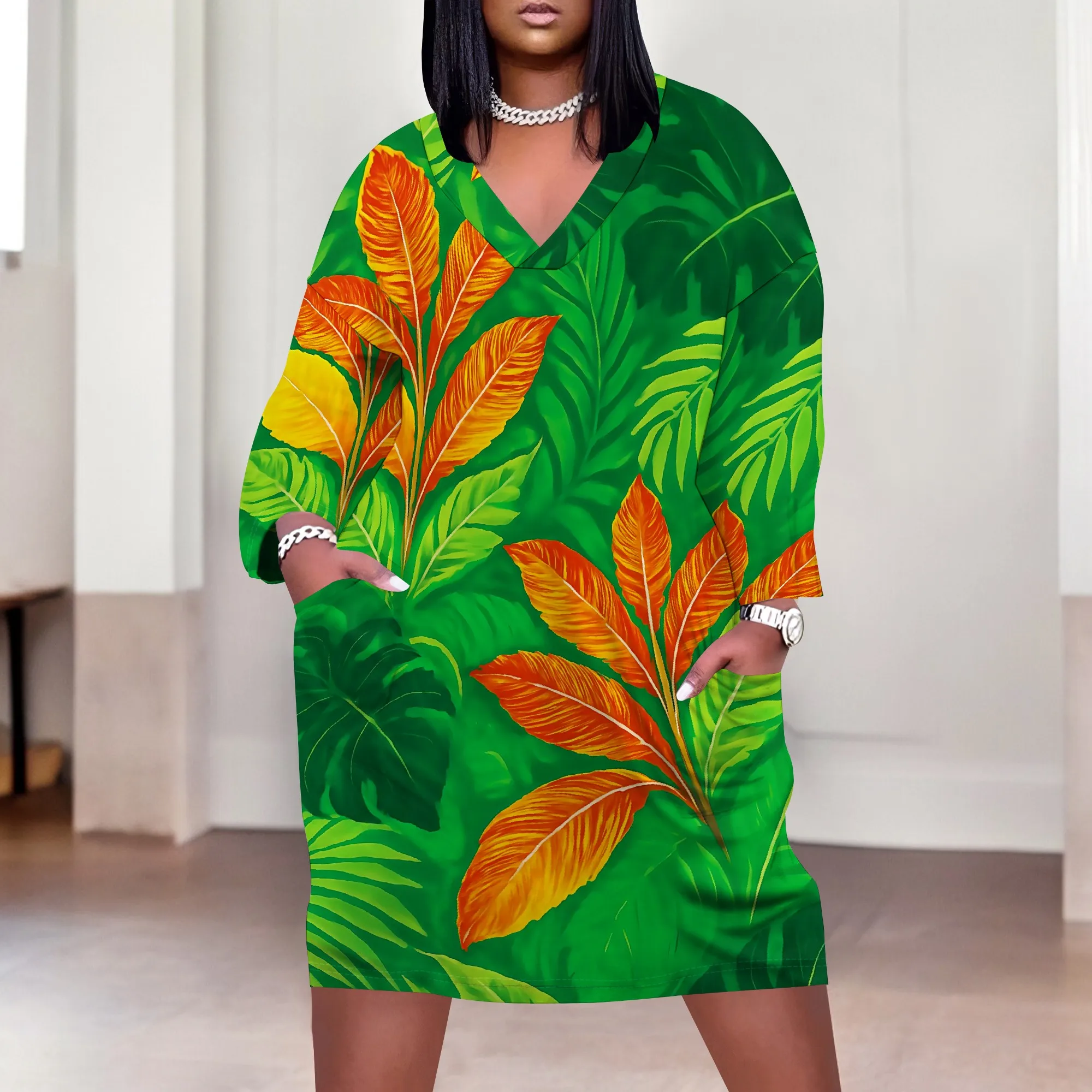 Tropical Leaf Print V-Neck Dress XL-6XL Loose Fit 3/4 Sleeve Style for Beach Vacation, Afro Brunch or Summer Resort Look
Tropical Leaf Print V-Neck Dress XL-6XL Loose Fit 3/4 Sleeve Style for Beach Vacation, Afro Brunch or Summer Resort Look