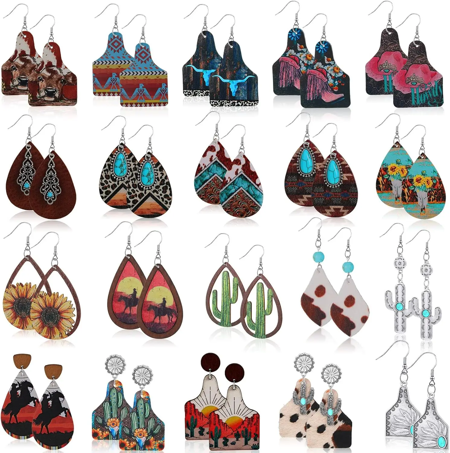 20 Pairs Western Earring Jewelry for Women Cowgirl Cowboy Boho Vintage Handmade Cow Print Leather Wood Turquoise Teardrop Dangle
20 Pairs Western Earring Jewelry for Women Cowgirl Cowboy Boho Vintage Handmade Cow Print Leather Wood Turquoise Teardrop Dangle