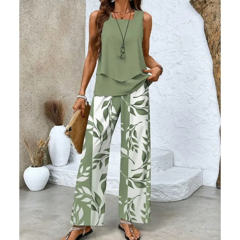 Elegant Square Collar Top Wide Leg Pants Two-piece Set 2025 New Women's Sleeveless Double-layer Vest Pants Set Woman Rompers
Elegant Square Collar Top Wide Leg Pants Two-piece Set 2025 New Women's Sleeveless Double-layer Vest Pants Set Woman Rompers