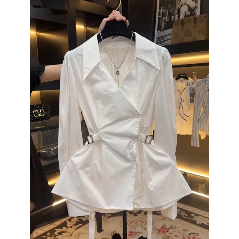 Elegant White Shirts Women Fashion Streetwear Belt Tunic Long Sleeve Blouses Office Ladies Korean V Neck Design Slim Tops New
Elegant White Shirts Women Fashion Streetwear Belt Tunic Long Sleeve Blouses Office Ladies Korean V Neck Design Slim Tops New
