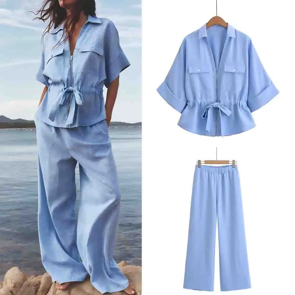 Women's new fashion with Belt loose Lapel zipper shirt retro short sleeved pocket women's shirt chic top+Pants suit
Women's new fashion with Belt loose Lapel zipper shirt retro short sleeved pocket women's shirt chic top+Pants suit