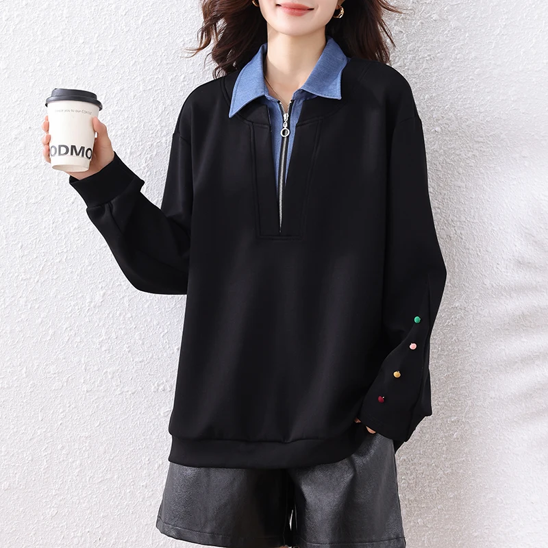 Large Size Black Neck Patchwork Sweatshirt Women's Fashionable Anti-Aging Design Top Trendy Long Sleeve Cotton Blend
Large Size Black Neck Patchwork Sweatshirt Women's Fashionable Anti-Aging Design Top Trendy Long Sleeve Cotton Blend