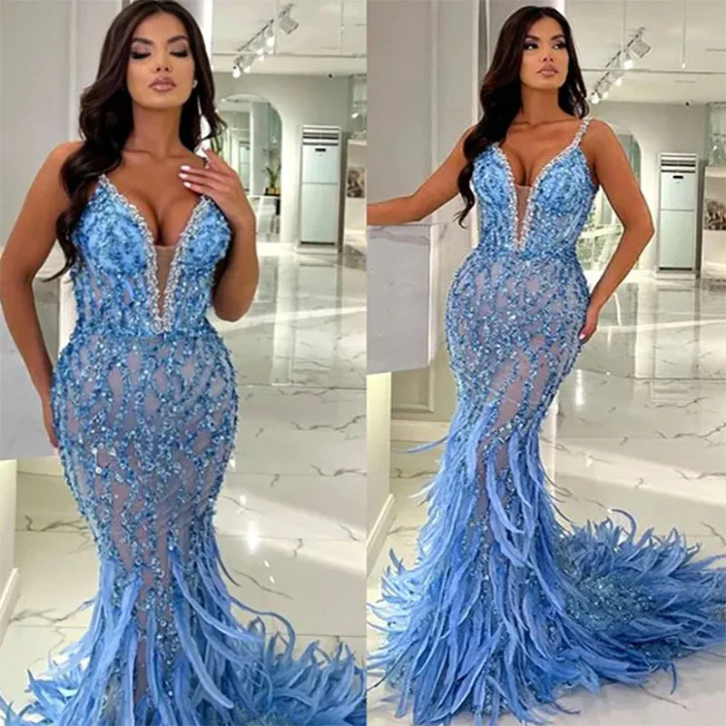 Customized Luxury Crystals Mermaid Prom Dress Feather Sequined Lace Evening Formal Party Birthday Gowns Dresses Robe De Soiree
Customized Luxury Crystals Mermaid Prom Dress Feather Sequined Lace Evening Formal Party Birthday Gowns Dresses Robe De Soiree
