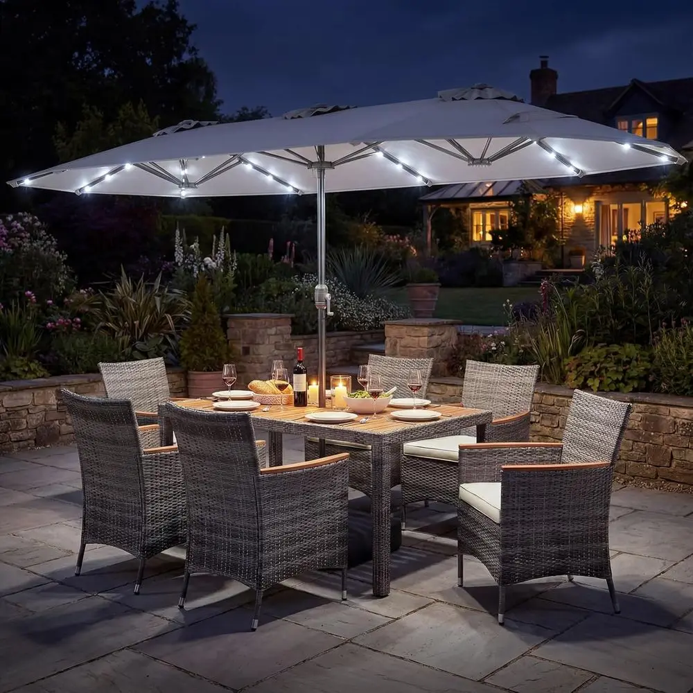 9-Piece Rattan Outdoor Dining Set with 13ft Patio Umbrella or 6-Seat Wicker Table Set with Cushioned Chairs and Acacia Wood Top,
9-Piece Rattan Outdoor Dining Set with 13ft Patio Umbrella or 6-Seat Wicker Table Set with Cushioned Chairs and Acacia Wood Top,