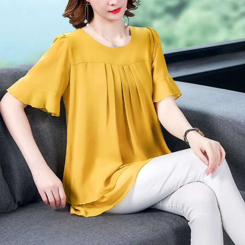 Summer New Sle Women's Chiffon T-irt ort Sve Loose Slimming Belly Covering Top Korean Commute round Ne Midi Length
Summer New Sle Women's Chiffon T-irt ort Sve Loose Slimming Belly Covering Top Korean Commute round Ne Midi Length