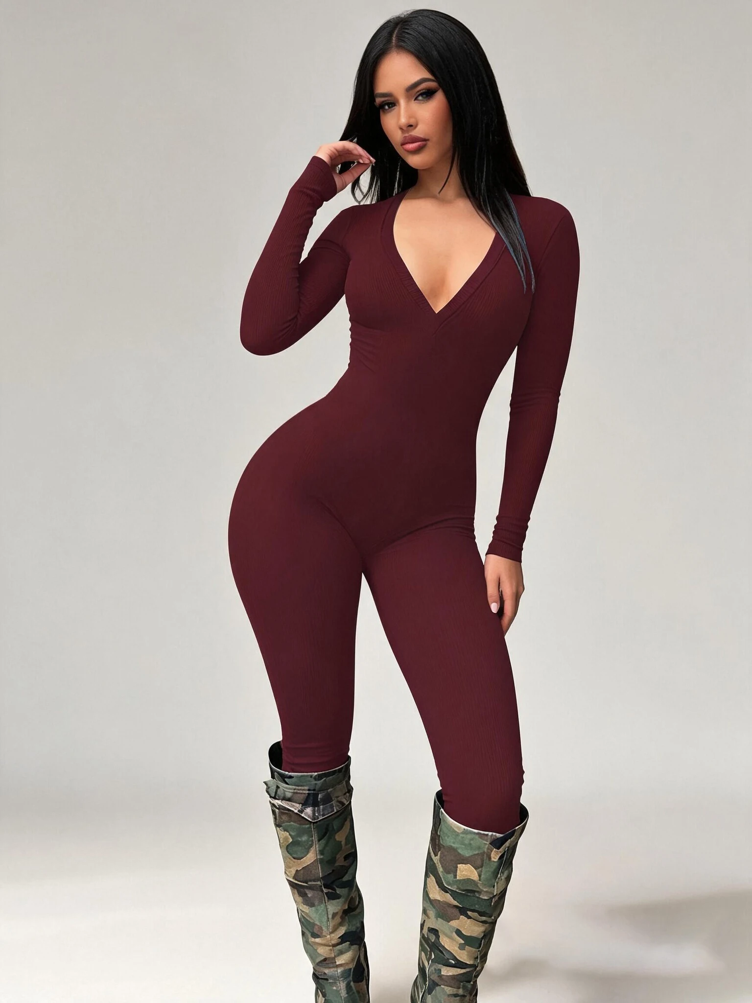 Women High Stretch Ribbed Knit Long Sleeve Jumpsuit Deep V Neck Slim Fit Tight Full Length Bodysuit Pants Casual Club Outfit
Women High Stretch Ribbed Knit Long Sleeve Jumpsuit Deep V Neck Slim Fit Tight Full Length Bodysuit Pants Casual Club Outfit