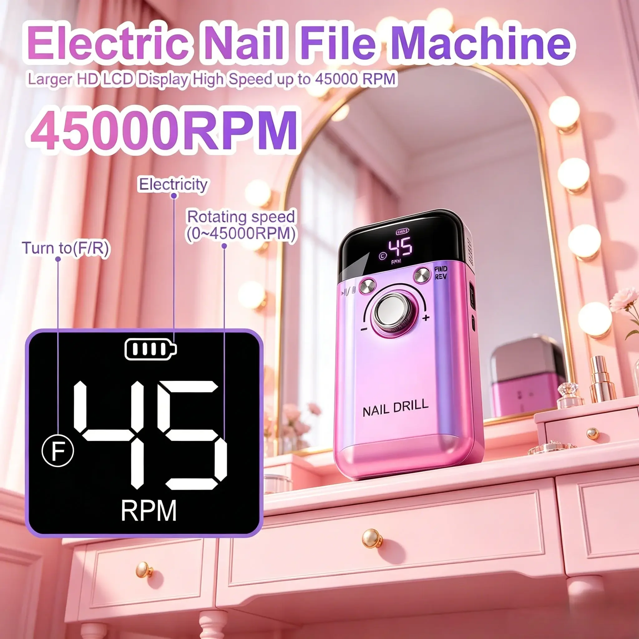 45000RPM Portable Rechargeable Nail Drill Machine, Professional Electric Nail File for Gel Nail Polishing, Perfect for Home
45000RPM Portable Rechargeable Nail Drill Machine, Professional Electric Nail File for Gel Nail Polishing, Perfect for Home