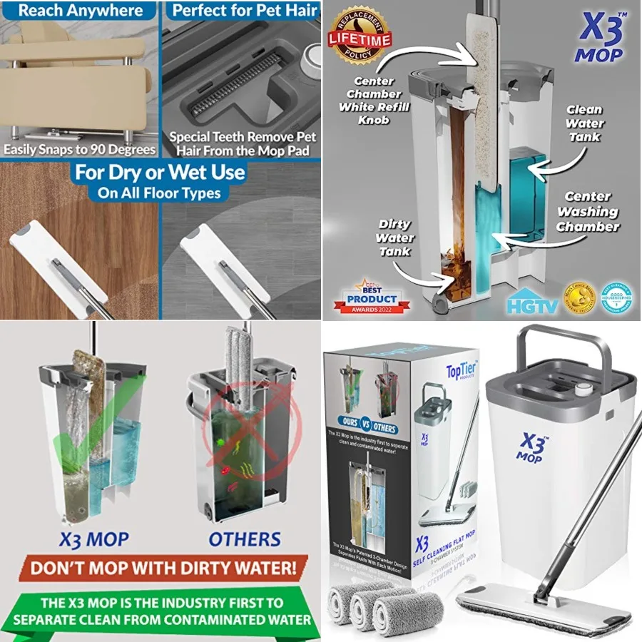 X3 Mop, Separates Dirty and Clean Water, 3-Chamber Design, Flat Mop and Bucket Set, Hands Free Home Floor Cleaning, 3 Reusable
X3 Mop, Separates Dirty and Clean Water, 3-Chamber Design, Flat Mop and Bucket Set, Hands Free Home Floor Cleaning, 3 Reusable