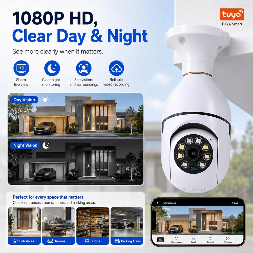 Bulb Camera Tuya Wireless Light 2MP HD E27 WiFi Security IP Camera 360 Pan Tilt Night Vision Motion Detection Two Way Audio Cam
Bulb Camera Tuya Wireless Light 2MP HD E27 WiFi Security IP Camera 360 Pan Tilt Night Vision Motion Detection Two Way Audio Cam
