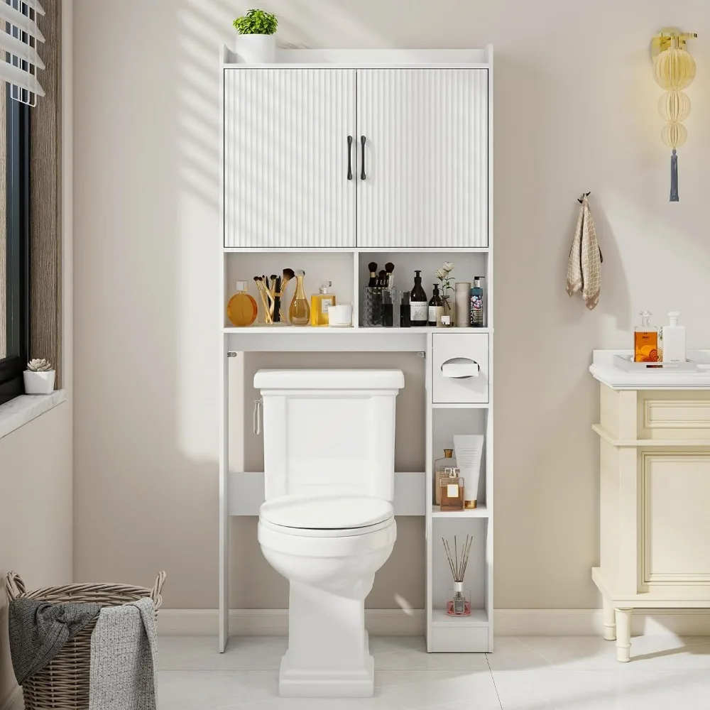 Over The Toilet Storage Cabinet, Farmhouse Storage Cabinet Over Toilet with Grooved Striped Doors & Toilet Paper Holder Stand.
Over The Toilet Storage Cabinet, Farmhouse Storage Cabinet Over Toilet with Grooved Striped Doors & Toilet Paper Holder Stand.