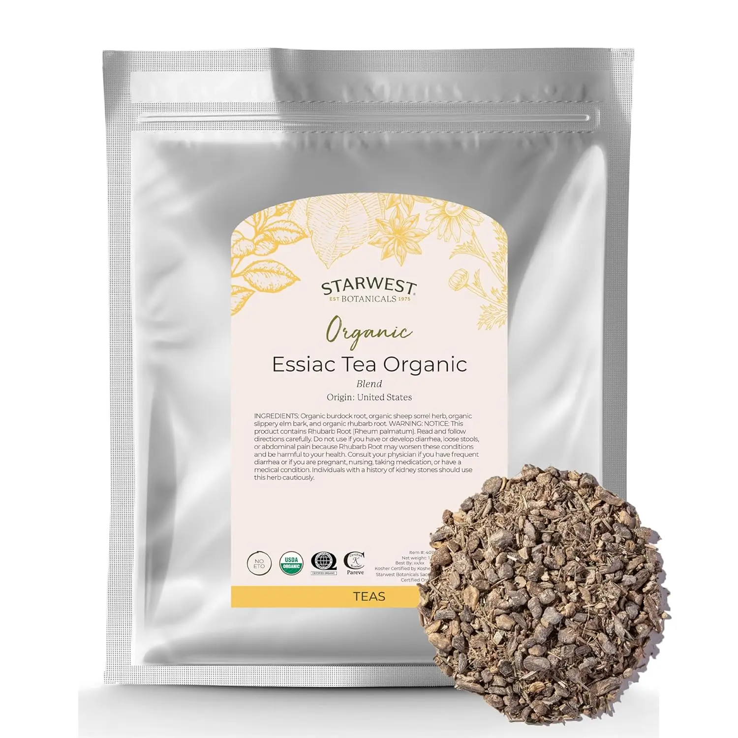 Essiac Tea Organic - Caffeine Free Herbal Blend, Loose Leaf Burdock Root, Slippery Elm Bark, Sheep Sorrel, & Rhubarb, Certified
Essiac Tea Organic - Caffeine Free Herbal Blend, Loose Leaf Burdock Root, Slippery Elm Bark, Sheep Sorrel, & Rhubarb, Certified